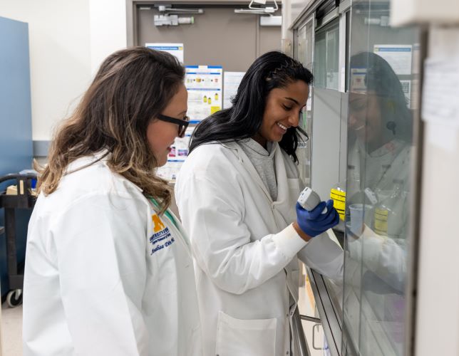 Two DiFeo Lab researchers running experiments at the bench in the University of Michigan Department of Pathology.